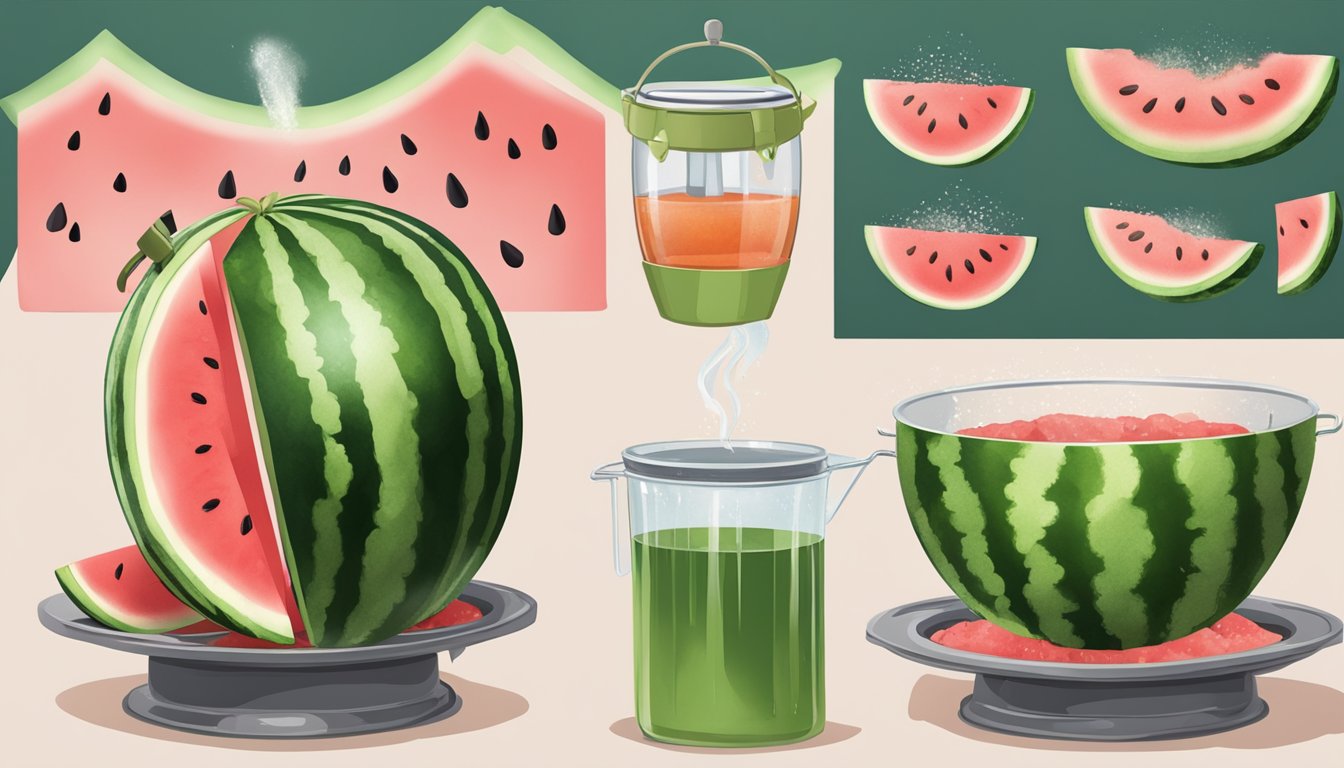 A watermelon being sliced and dipped into a pot of boiling sugar syrup, then laid out on a drying rack