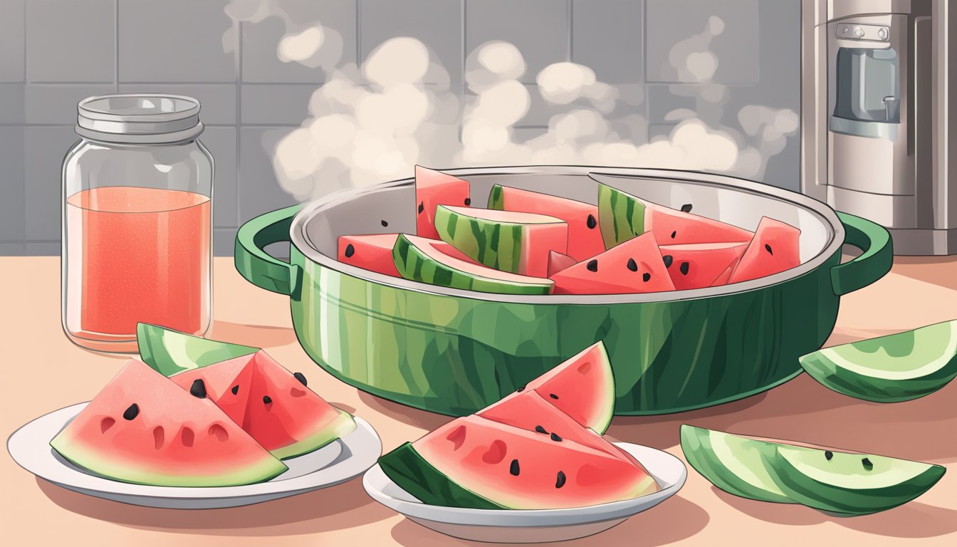 Watermelon slices simmering in a sugary syrup on a stovetop. A bowl of sugar and watermelon chunks nearby