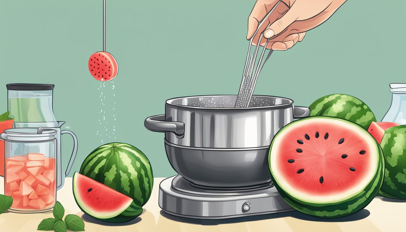 A watermelon slice being dipped into a pot of boiling sugar syrup, with a candy thermometer and cooling rack nearby