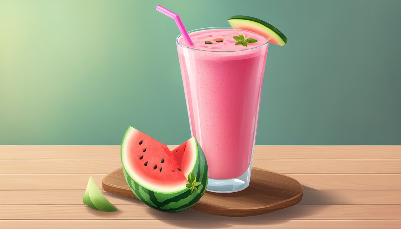 A tall glass filled with pink watermelon smoothie, garnished with a slice of fresh watermelon and a colorful straw, placed on a wooden table