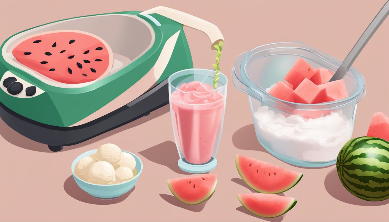 A hand scooping watermelon chunks into a blender, next to a tub of creamy ice cream