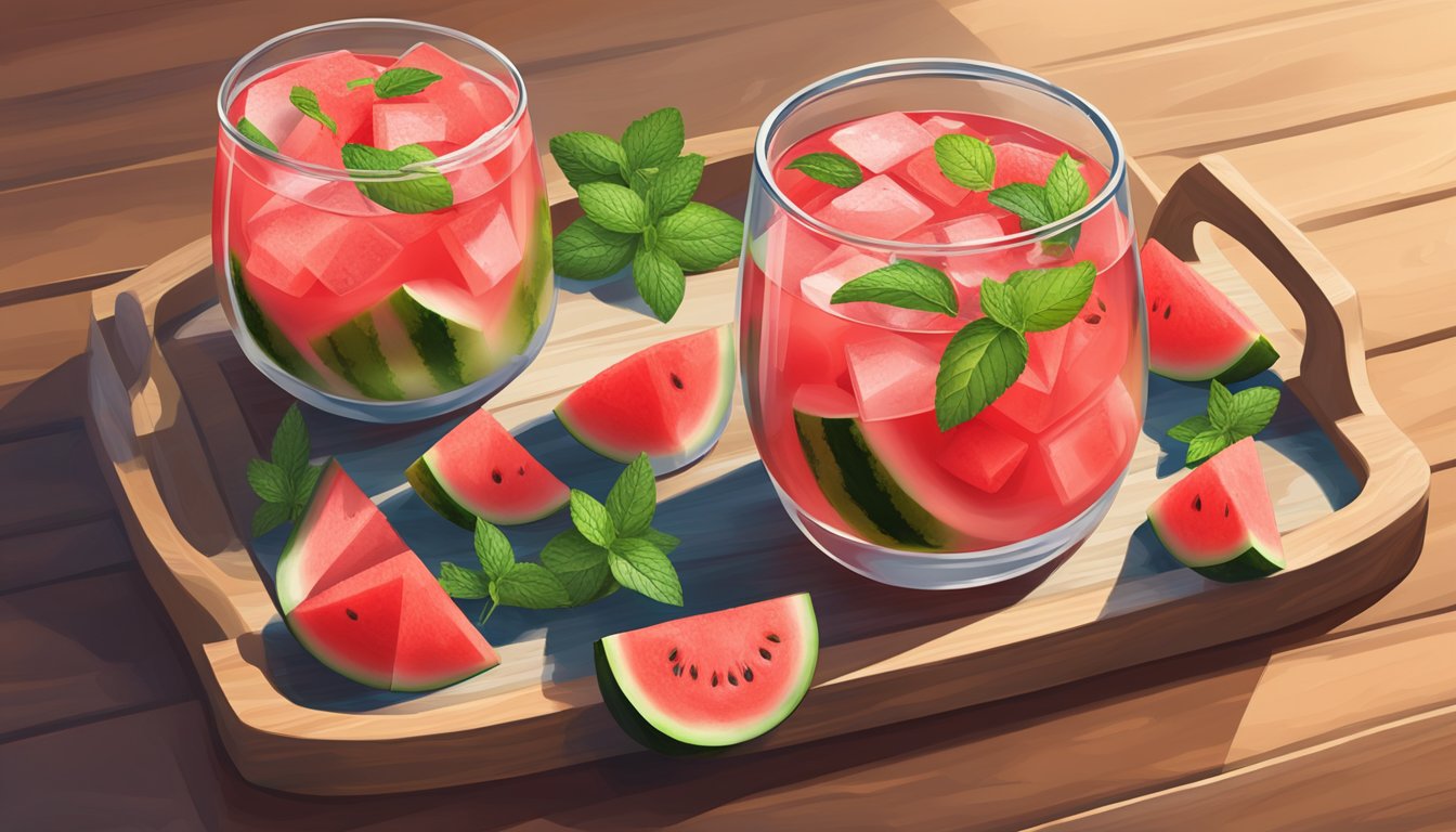 A pitcher of watermelon sangria surrounded by fresh watermelon slices, mint leaves, and ice cubes on a wooden serving tray