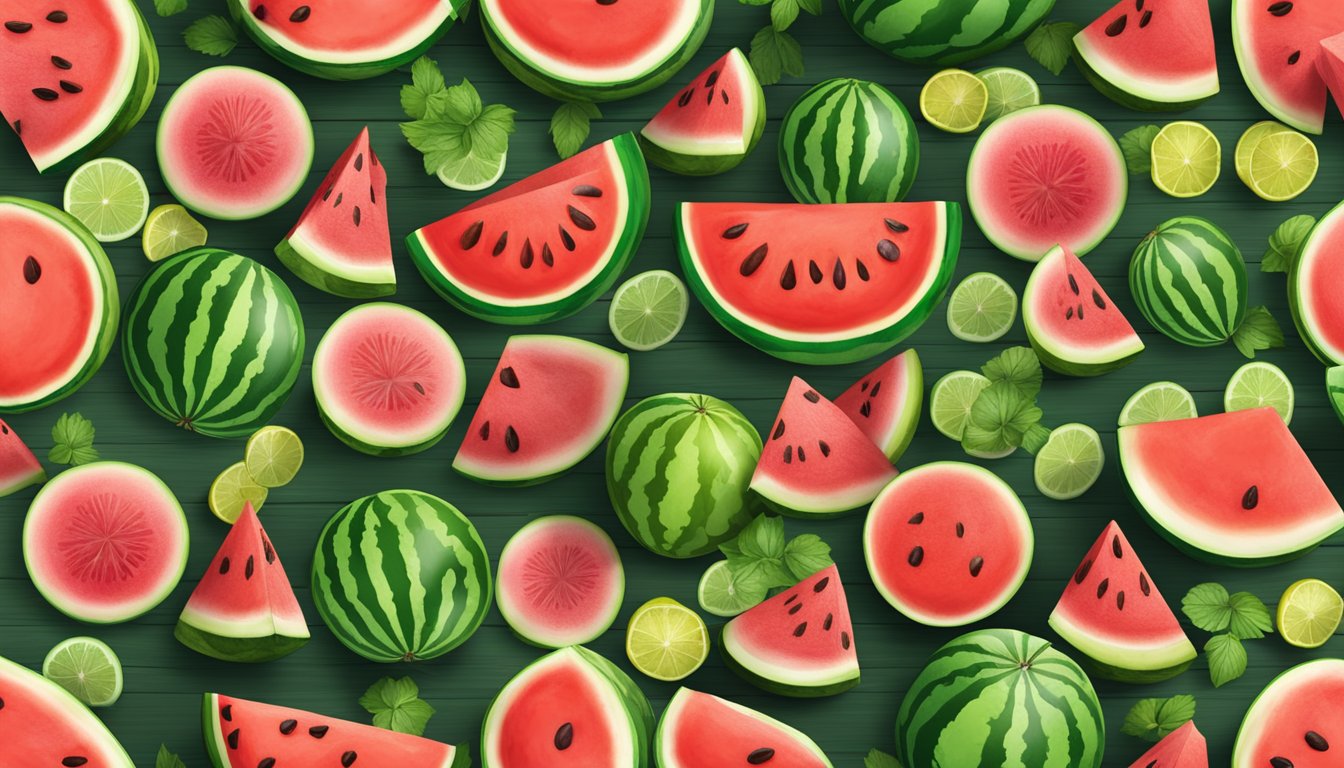 A colorful array of watermelon dishes arranged on a rustic wooden table, surrounded by fresh fruit and vibrant green foliage