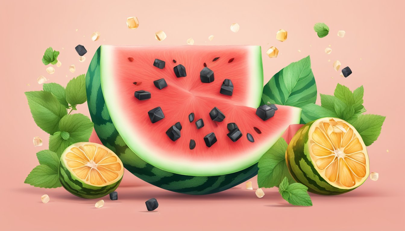 A watermelon sliced into cubes, garnished with mint leaves and drizzled with honey, surrounded by scattered watermelon seeds