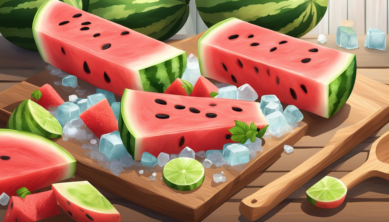 A watermelon ice pop surrounded by ice cubes and fresh watermelon slices on a wooden serving board