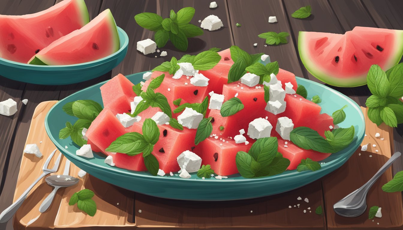 A vibrant watermelon feta salad sits on a rustic wooden table, surrounded by fresh mint leaves and crumbled cheese, with a drizzle of balsamic glaze