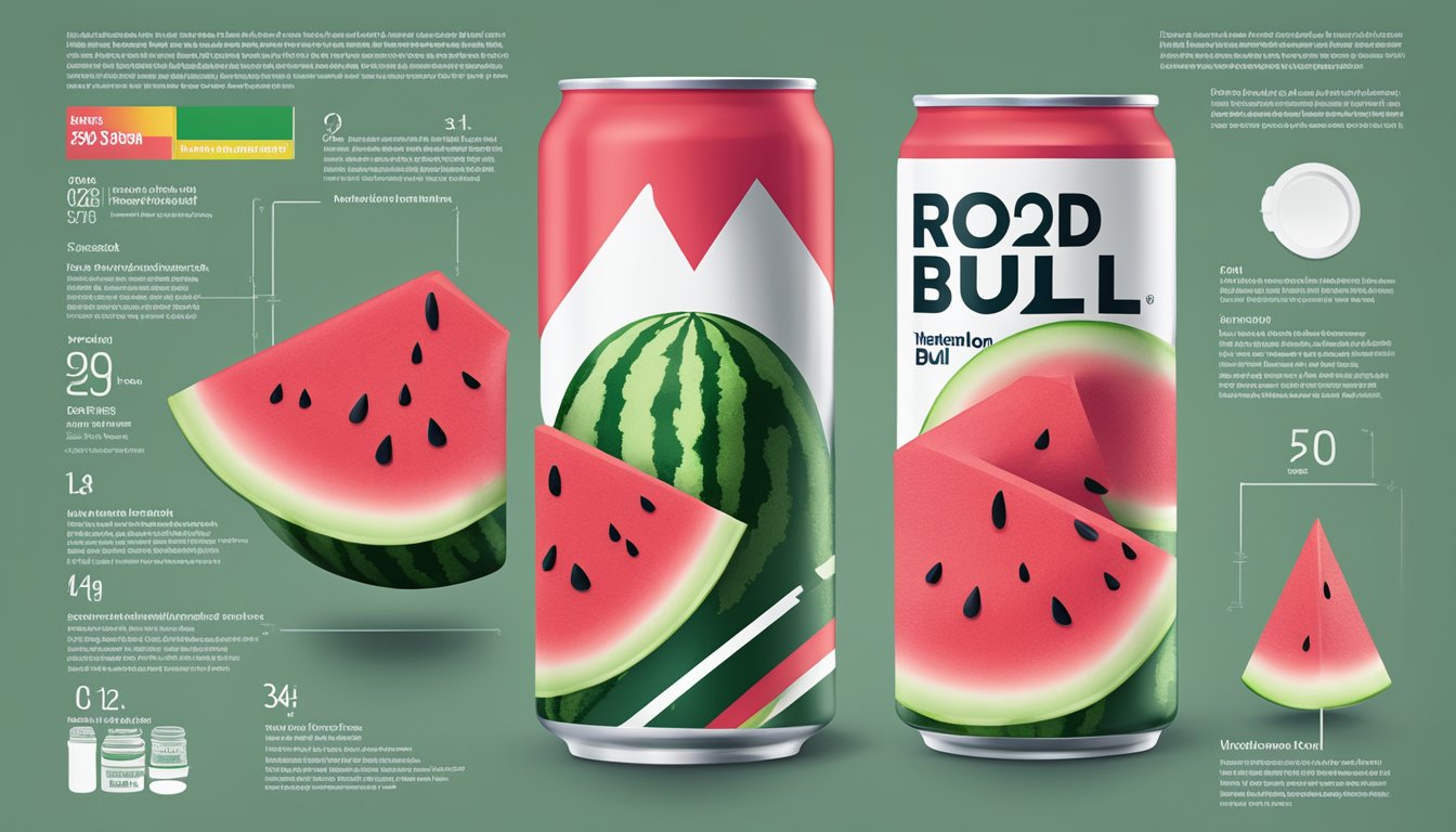 A can of Watermelon Red Bull sits next to a sliced watermelon, with the nutritional information displayed prominently