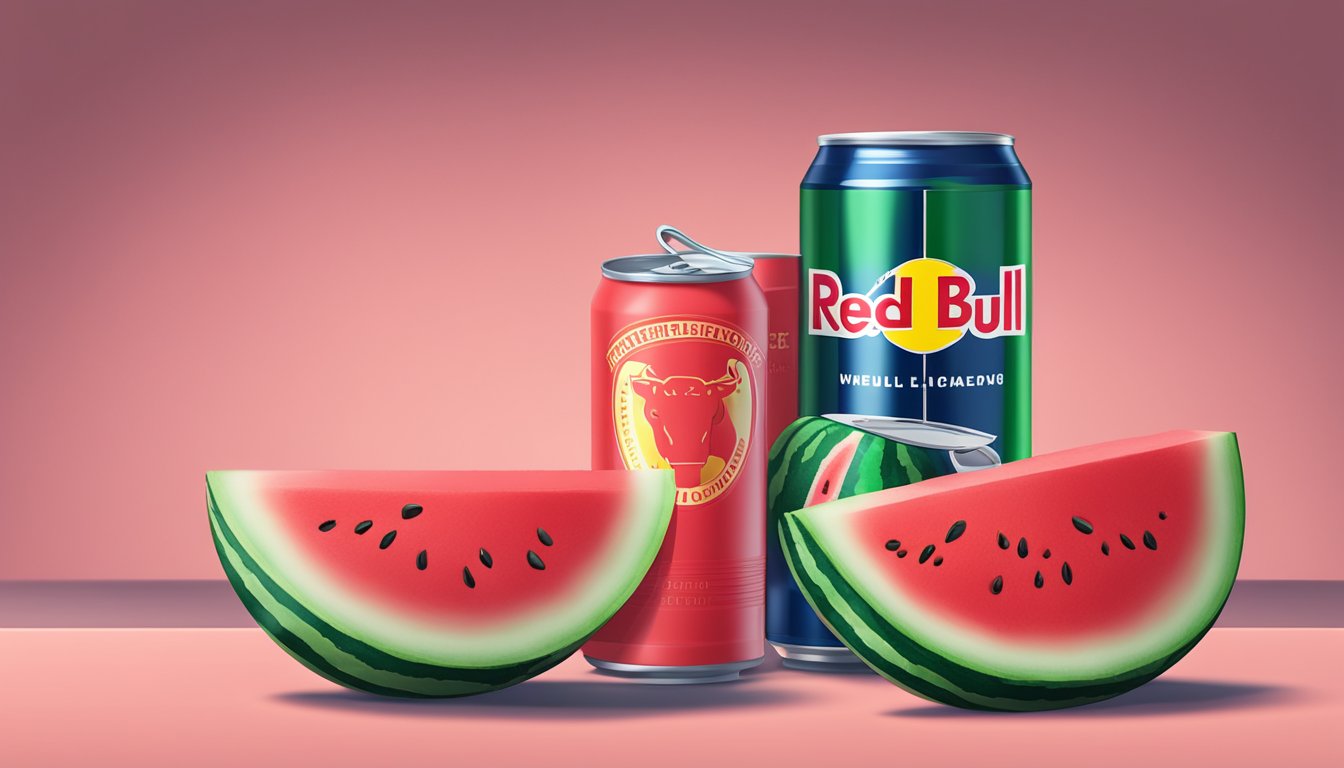 A watermelon and a can of red bull placed on a table with a safety sign in the background