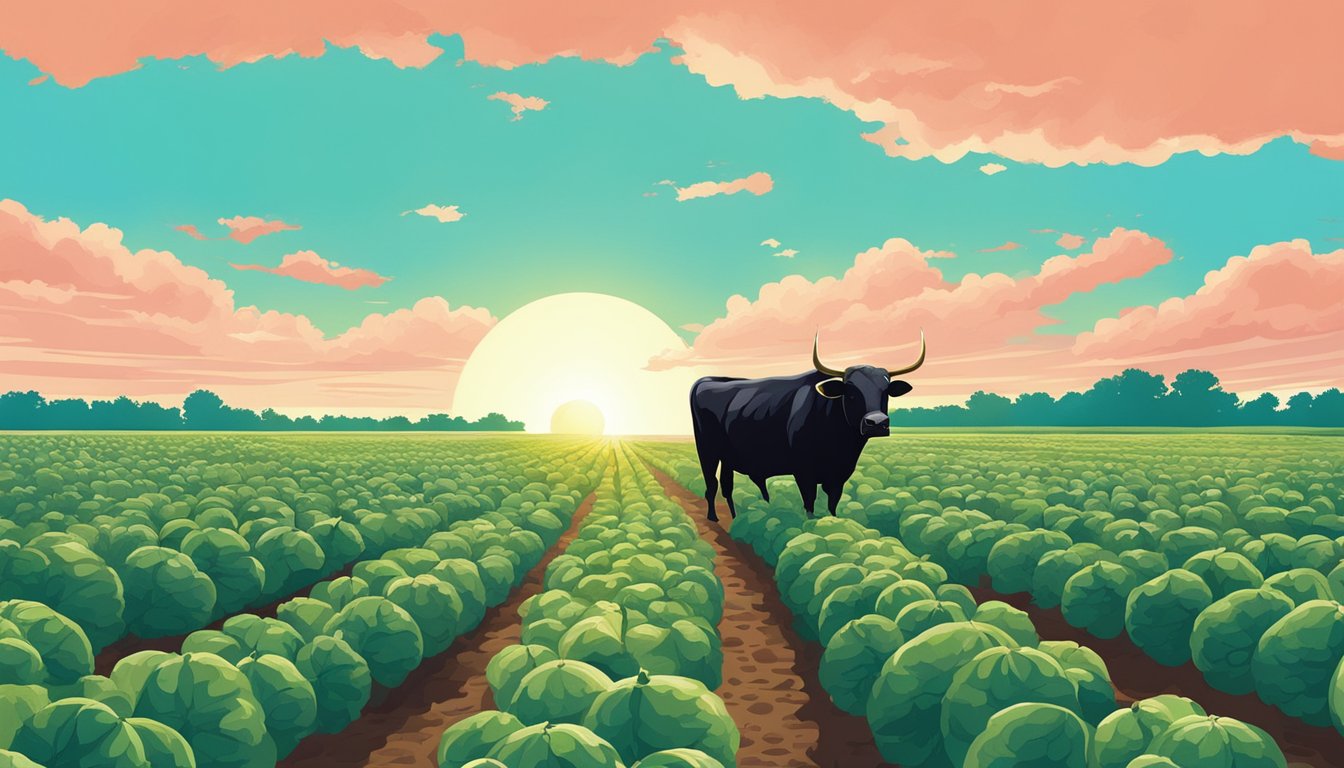 A watermelon field with a bull silhouette in the background, under a clear blue sky