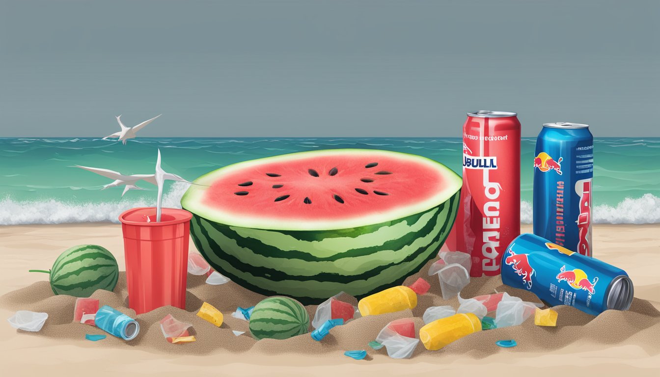 A watermelon and a Red Bull can surrounded by plastic waste on a polluted beach