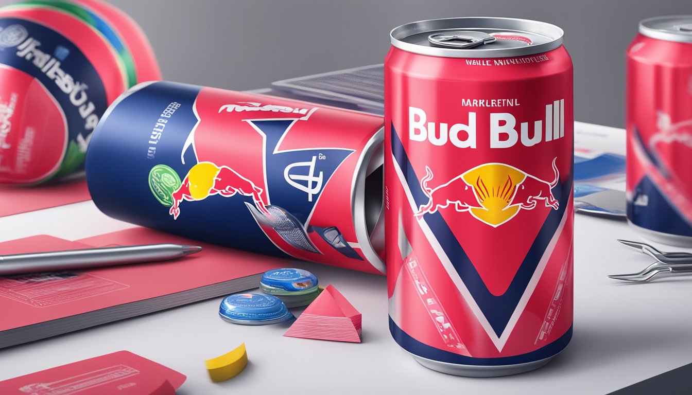 A watermelon-red bull can is placed on a table with various sponsorship and marketing materials surrounding it