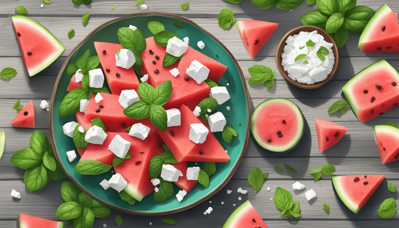 A vibrant watermelon feta salad arranged on a rustic wooden table, surrounded by fresh mint leaves and scattered with crumbled cheese