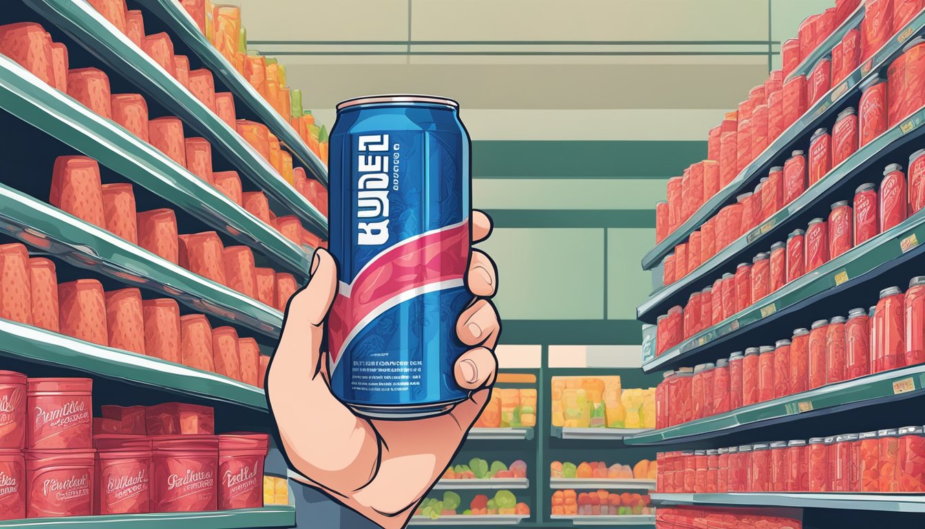 A hand reaching for a watermelon red bull can on a grocery store shelf