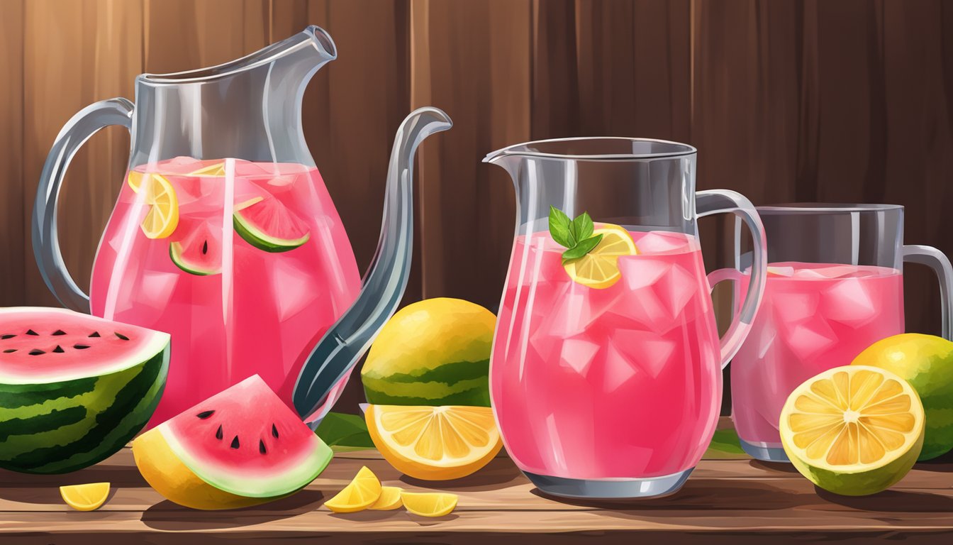 A glass pitcher filled with vibrant pink watermelon lemonade sits on a rustic wooden table, surrounded by slices of fresh watermelon and lemons