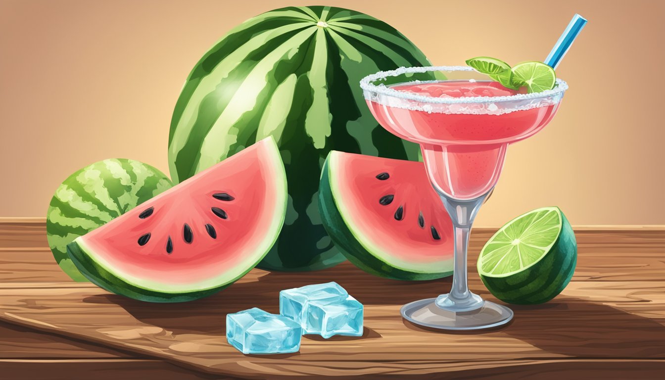 A watermelon margarita sits on a rustic wooden table, garnished with a slice of watermelon and a salted rim, surrounded by fresh watermelon slices and ice cubes