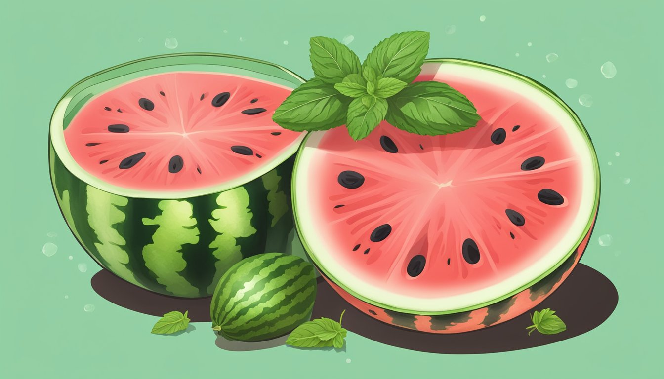 A refreshing watermelon margarita surrounded by fresh watermelon slices and mint leaves on a wooden table