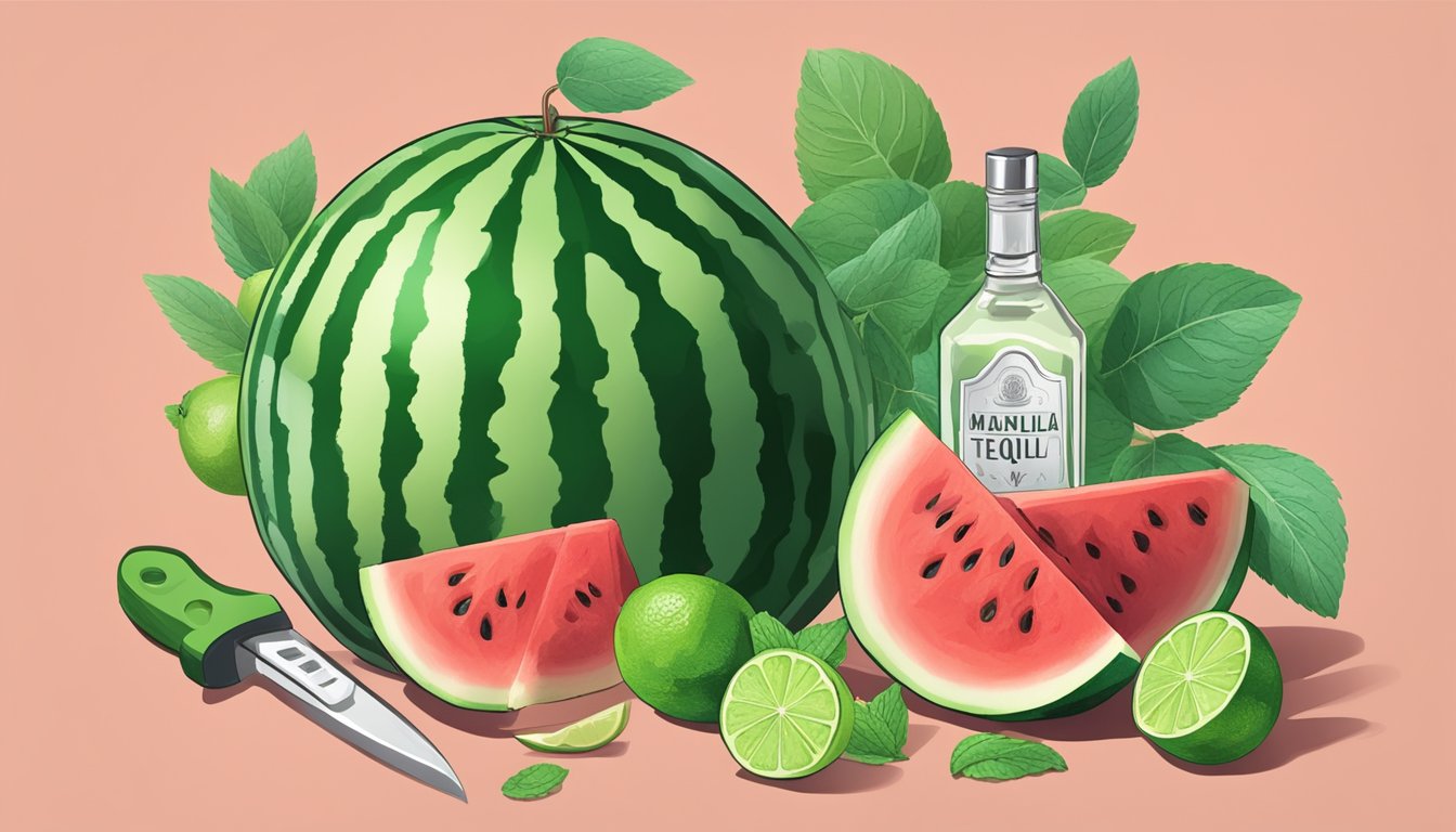 A watermelon being sliced with a knife, surrounded by fresh mint leaves and limes, with a bottle of tequila and a shaker nearby