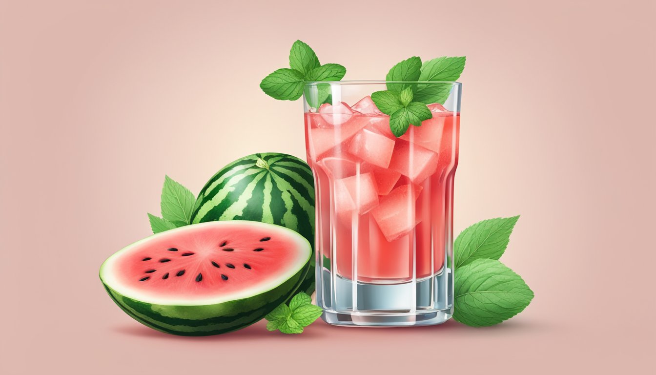 A watermelon drink being poured into a tall, clear glass with a slice of watermelon on the rim, surrounded by ice cubes and mint leaves