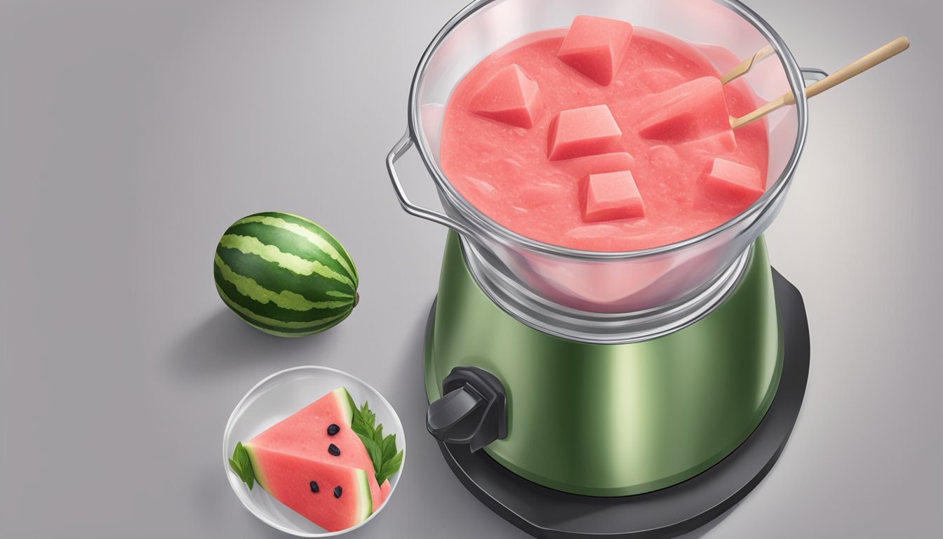 Watermelon chunks being blended into a smooth puree, then poured into a churner and frozen