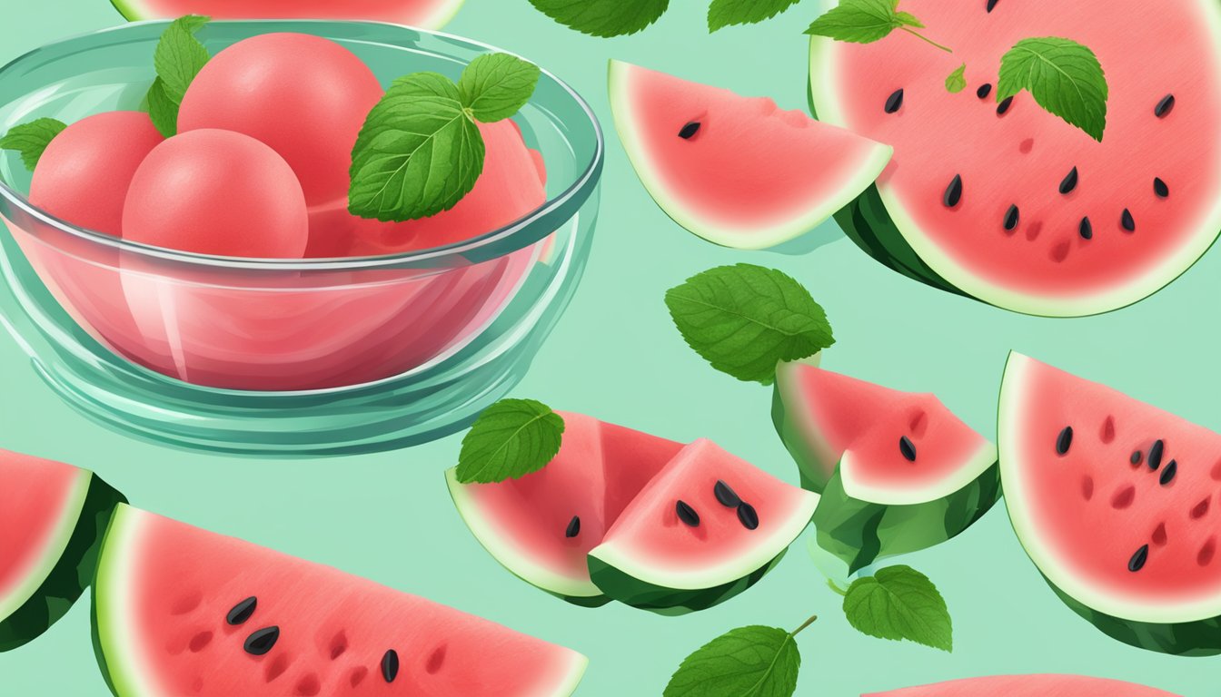 A scoop of watermelon sorbet being served into a glass dish, surrounded by fresh watermelon slices and mint leaves