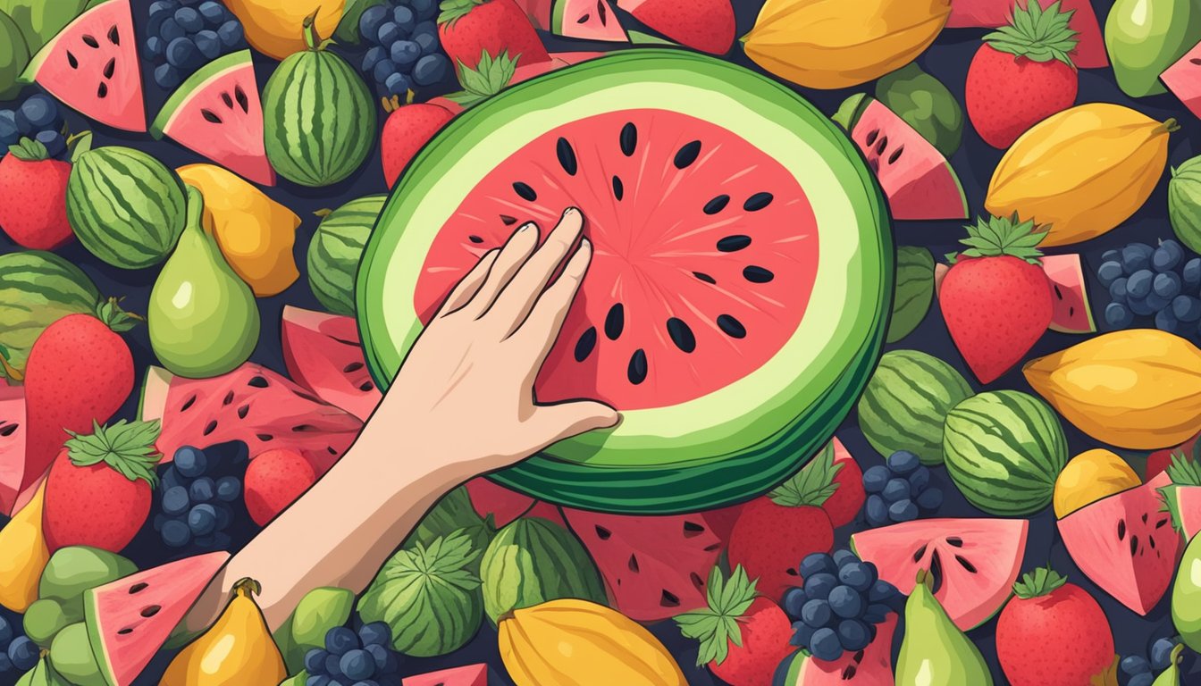 A hand reaching for a ripe watermelon among a pile of fruit