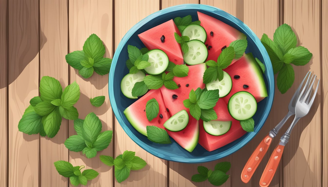 A colorful bowl of watermelon cucumber salad with fresh mint leaves on a wooden table