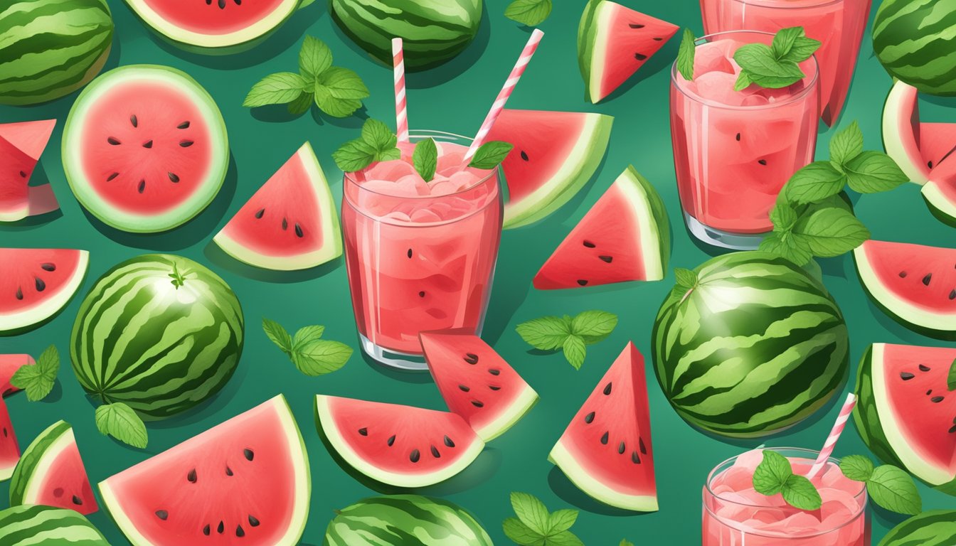 A refreshing watermelon drink surrounded by fresh watermelon slices and mint leaves on a wooden table