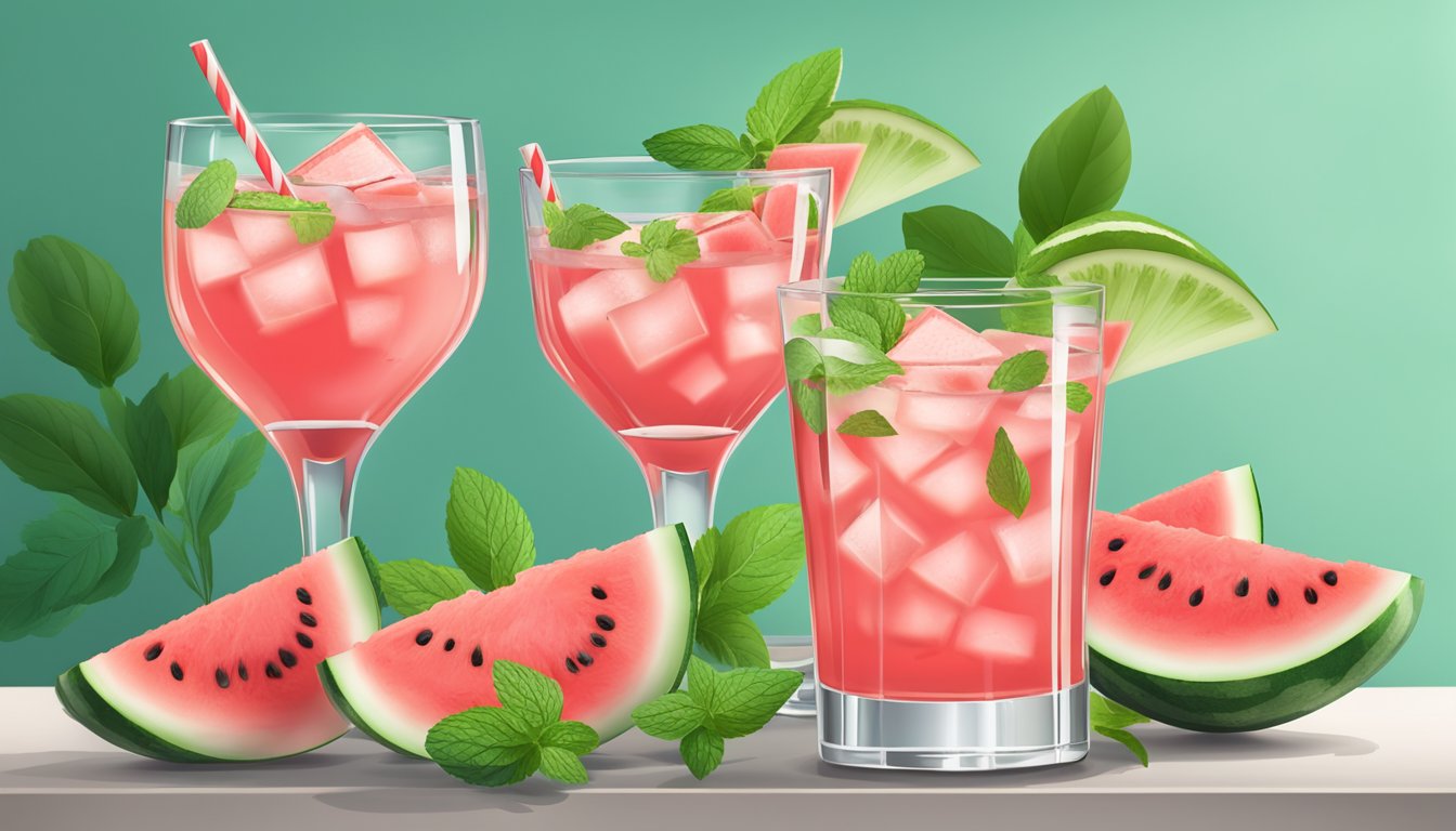 A table set with a tray of watermelon vodka drinks, garnished with fresh watermelon slices and mint leaves