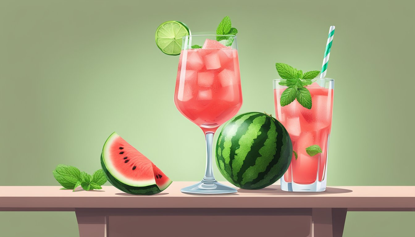 A refreshing watermelon vodka drink sits on a table, garnished with a slice of watermelon and mint leaves, with condensation forming on the glass