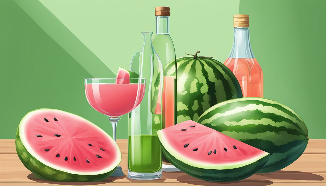 A watermelon sliced open, with a bottle of vodka and a pitcher of juice next to it. A few glasses filled with the watermelon vodka drink are placed on a table