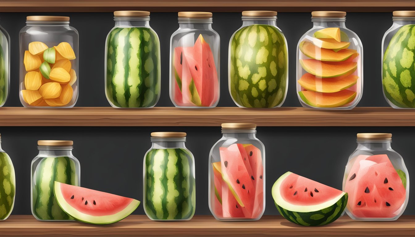 A collection of watermelon rinds being pickled and stored in glass jars on wooden shelves