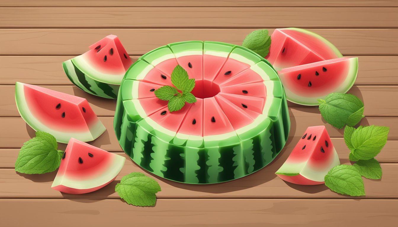 A watermelon jello mold surrounded by slices of fresh watermelon and mint leaves on a wooden table