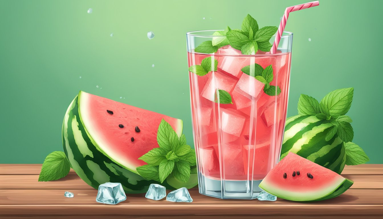 A refreshing watermelon water drink surrounded by sliced watermelon, mint leaves, and ice cubes on a wooden table