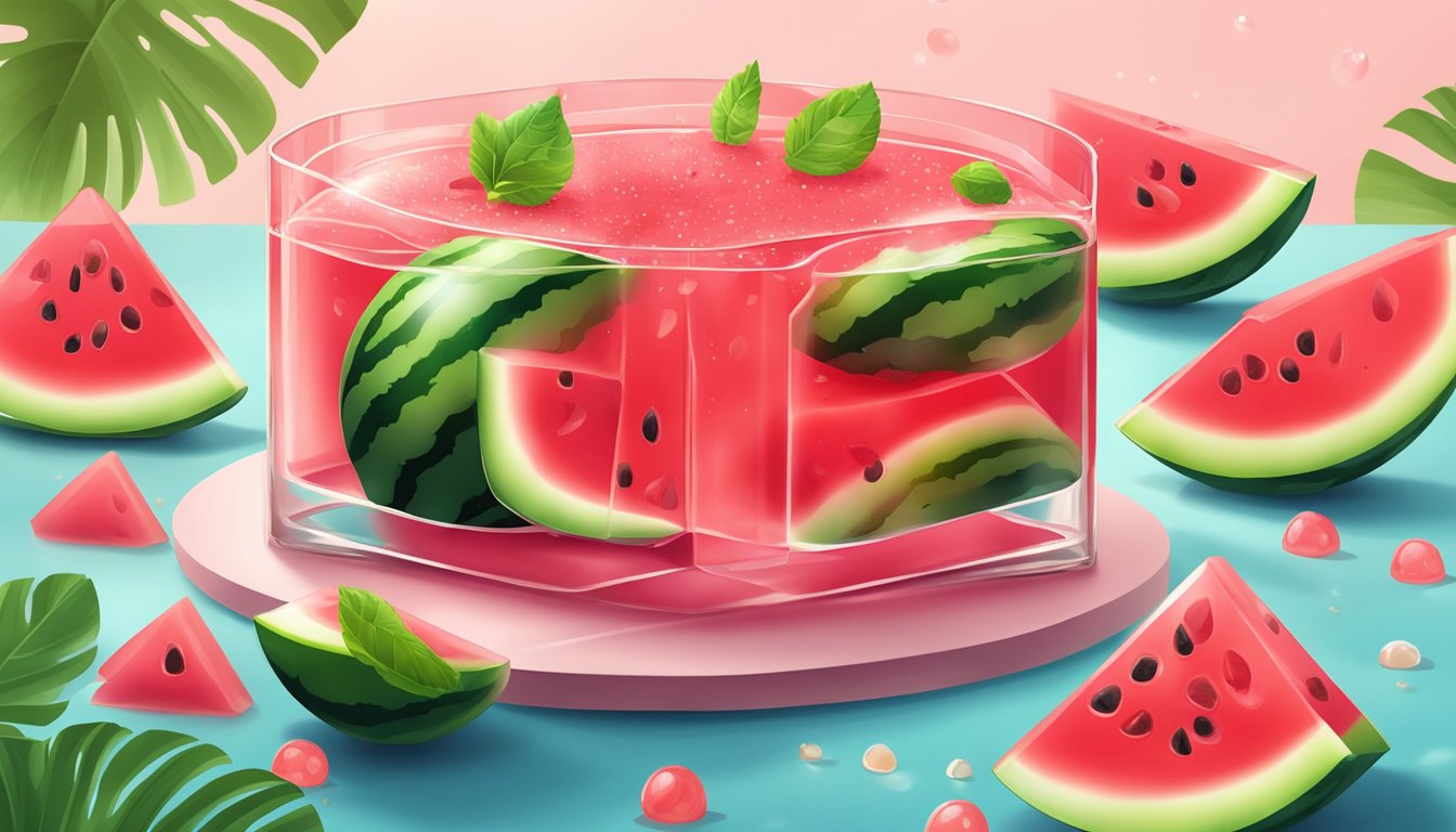 A refreshing slice of watermelon jello with a vibrant red hue, glistening under the sunlight, surrounded by a few scattered watermelon seeds