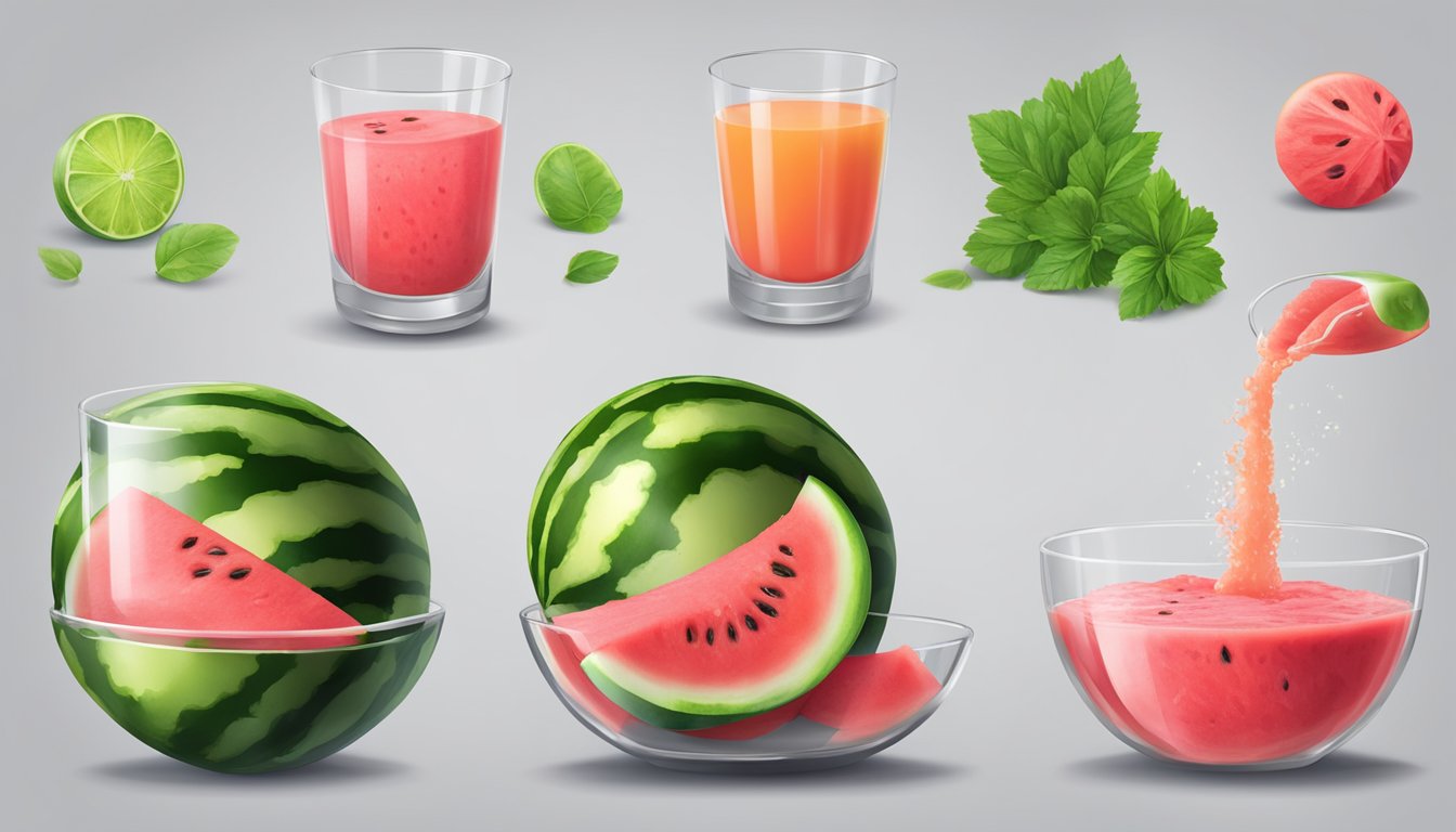 A fresh watermelon being sliced and blended into a smooth puree, mixed with gelatin in a glass bowl