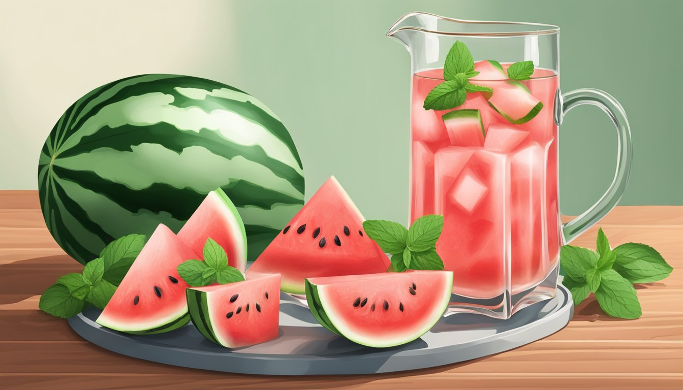 A glass pitcher filled with watermelon water sits on a wooden serving tray, surrounded by slices of fresh watermelon and mint leaves