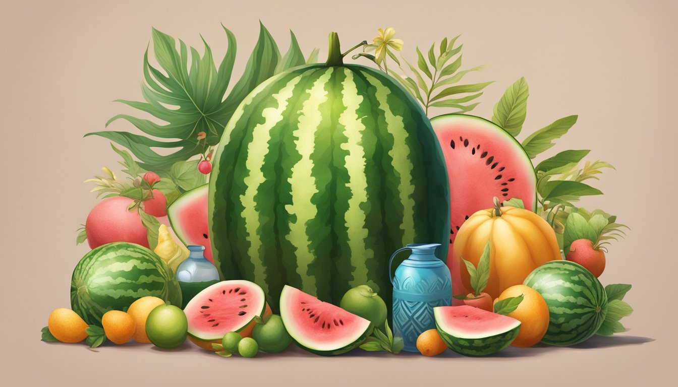 A watermelon with a spigot attached, surrounded by various cultural symbols and decorations