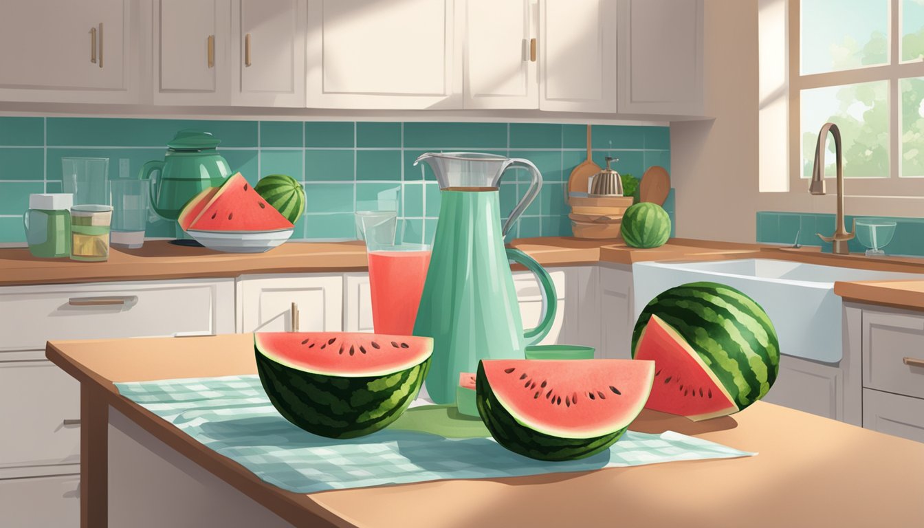 A person cutting and storing watermelon in a kitchen, with a pitcher and glasses nearby for making watermelon water