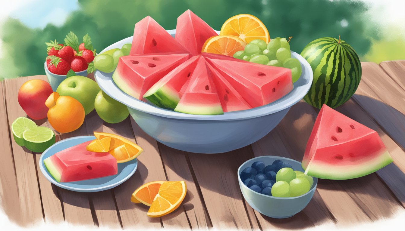 A large bowl of watermelon jello sits on a picnic table, surrounded by colorful fruit slices and a sign indicating "Health and Safety Considerations."