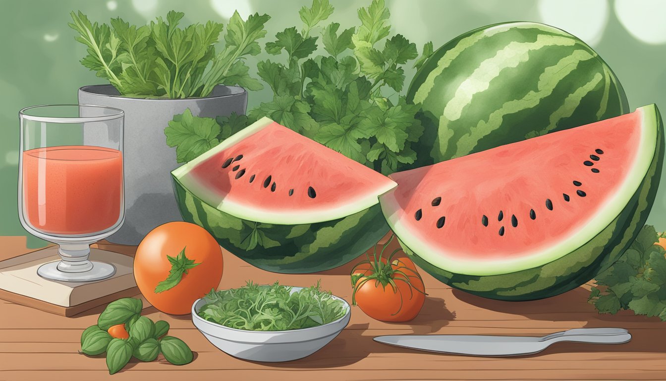 A ripe watermelon surrounded by fresh herbs and vegetables, with a bowl of chilled gazpacho beside it