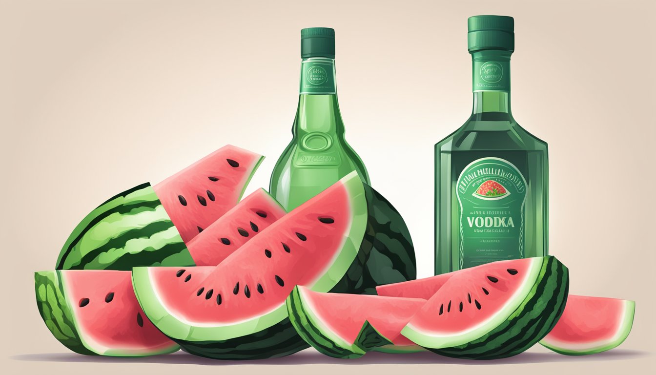 A refreshing watermelon sliced open with a bottle of non-alcoholic vodka placed next to it