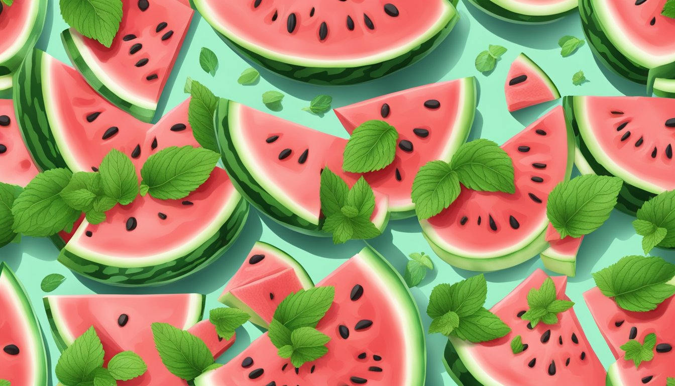 A vibrant watermelon dessert platter surrounded by fresh mint leaves and paired with complementary flavors like tangy lime and sweet coconut