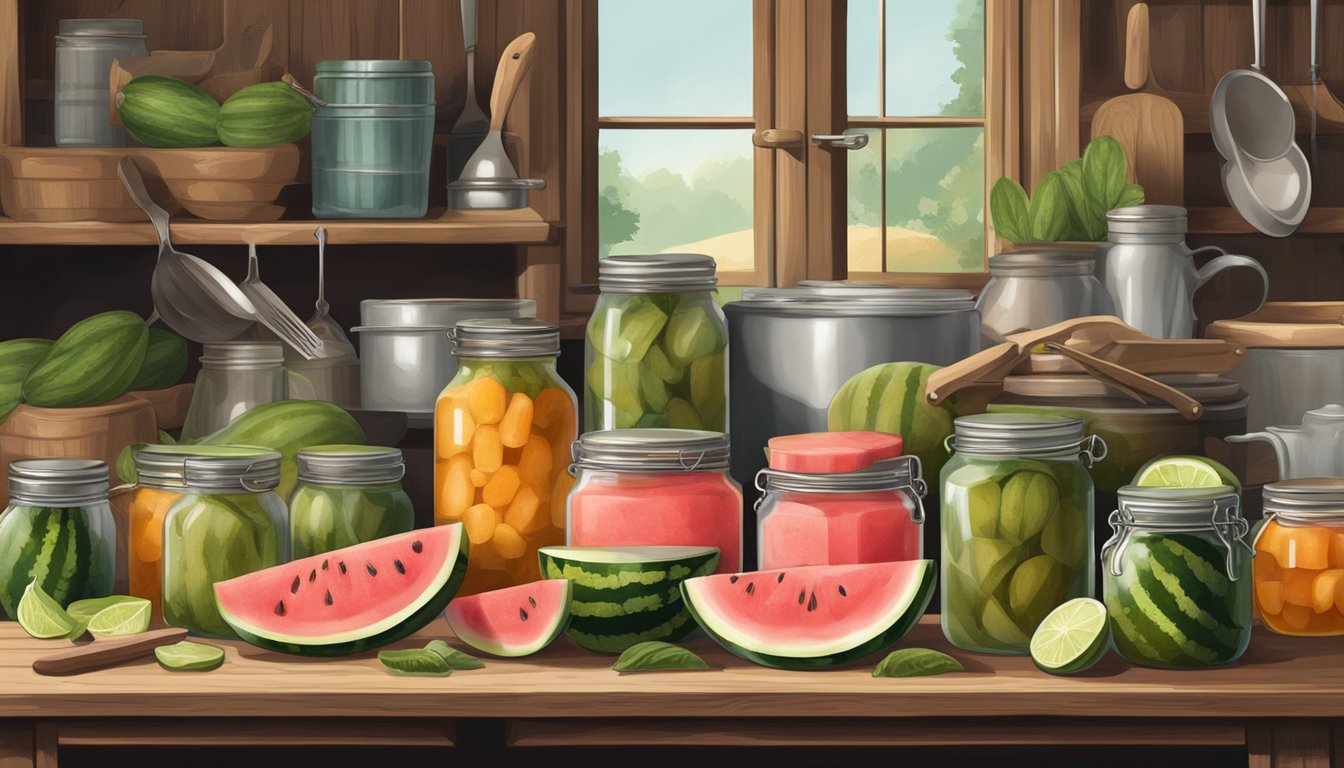 A rustic kitchen with vintage jars filled with watermelon rind pickles, surrounded by old-fashioned cooking utensils and ingredients