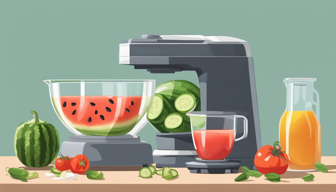 A chef pours watermelon into a blender, next to a bowl of chopped cucumber, bell peppers, and tomatoes. Vinegar and olive oil sit on the counter