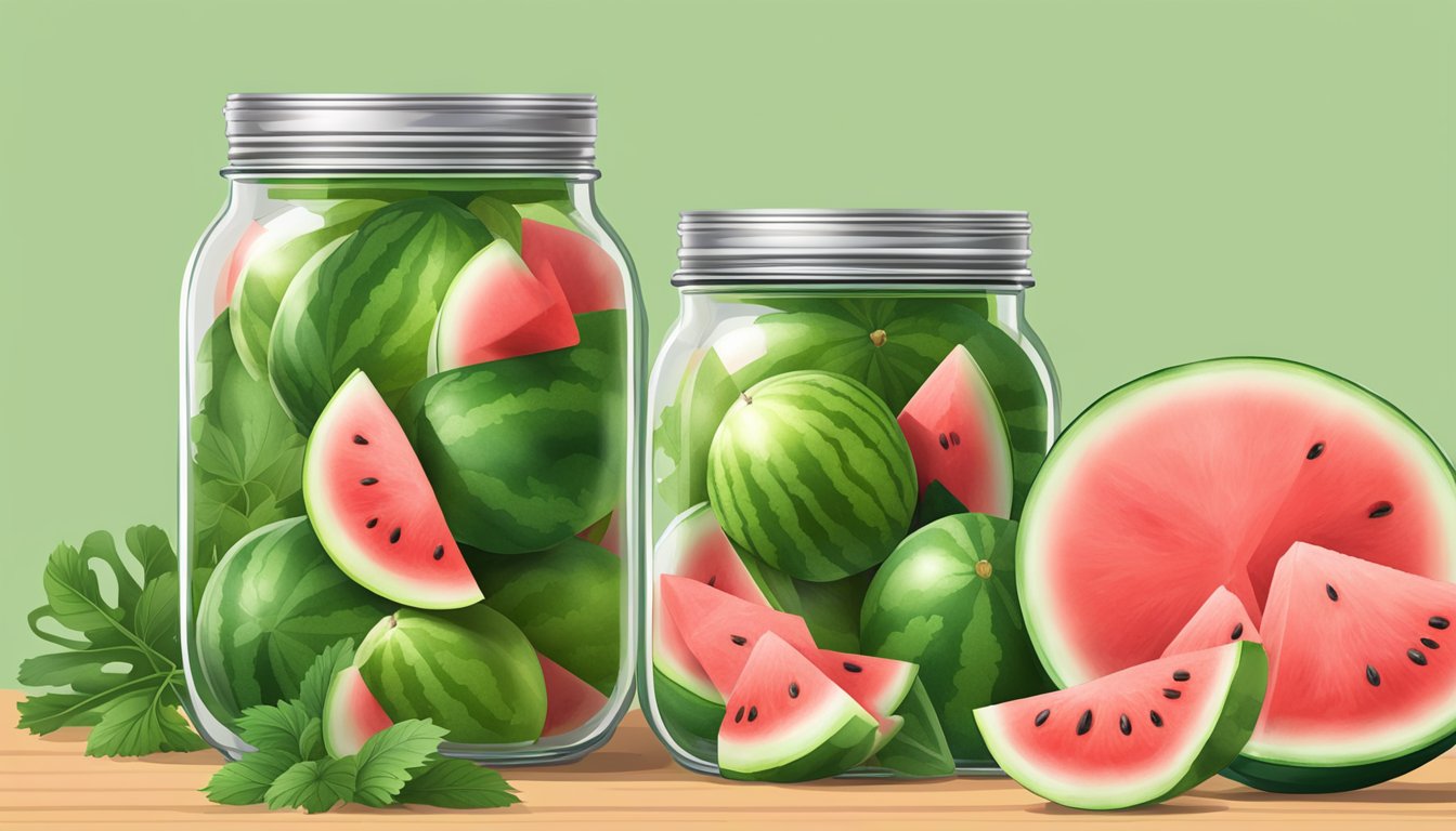 A jar of watermelon rind pickles surrounded by fresh watermelon slices and green leaves