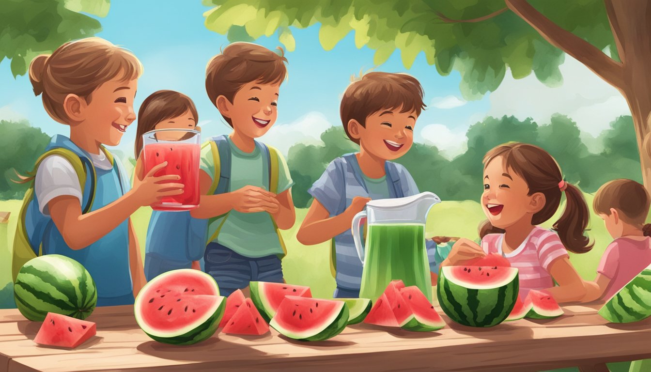 A pitcher of Kool-Aid sits on a picnic table surrounded by watermelon slices and a group of happy children playing in the background