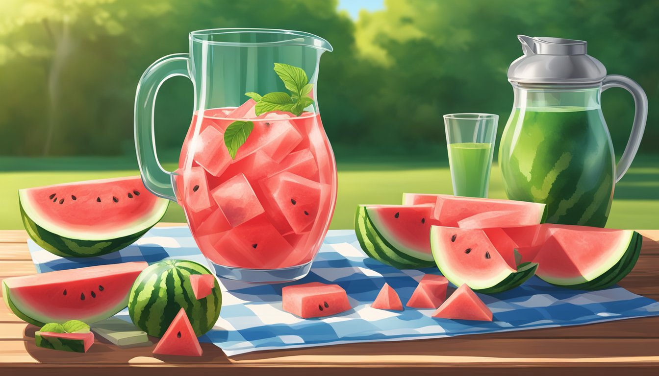 A pitcher of watermelon Kool-Aid sits on a picnic table, surrounded by freshly cut watermelon slices and ice cubes in a sunny backyard