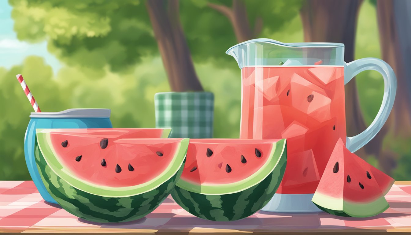 A pitcher of watermelon kool-aid sits on a picnic table next to a sliced watermelon and a bowl of fresh fruit