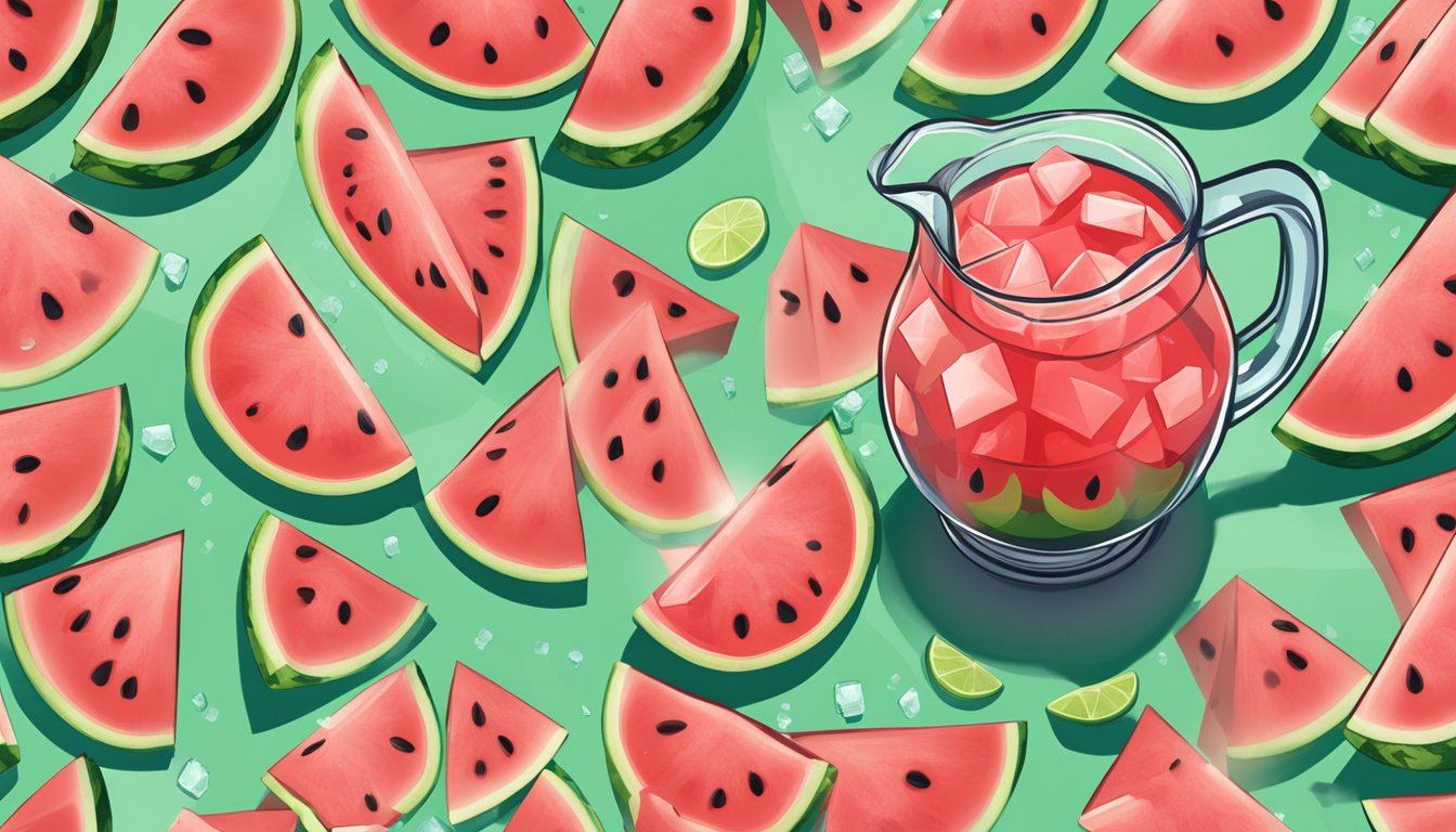 A pitcher of watermelon kool-aid sits on a picnic table, surrounded by slices of fresh watermelon and a scattering of ice cubes