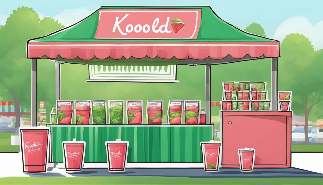 A refreshing watermelon kool-aid stand at a local farmers market with reusable cups and eco-friendly packaging